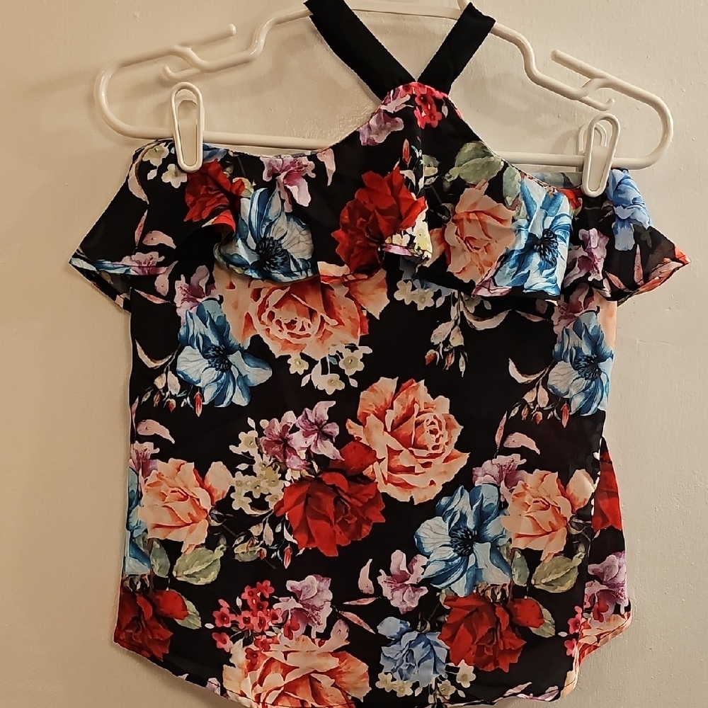 Derek Heart Black and Pink Ruffled Halter Blouse